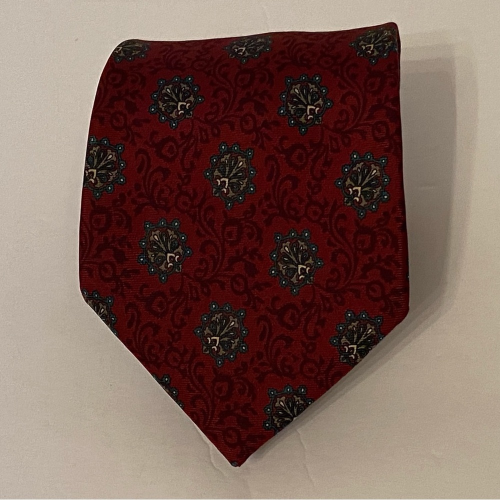 CHRISTIAN DIOR MENS TIE DARK RED SCROLLS BLUE SILK ACCESSORY DESIGNER LUXURY USA - Picture 2 of 7